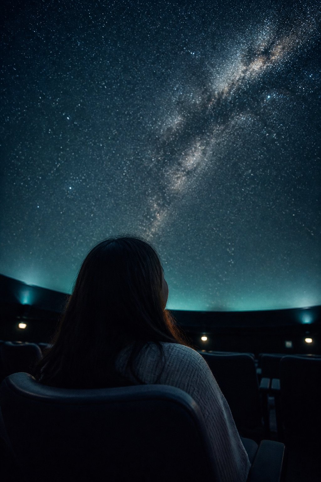 Looking up into a quiet planetarium sky