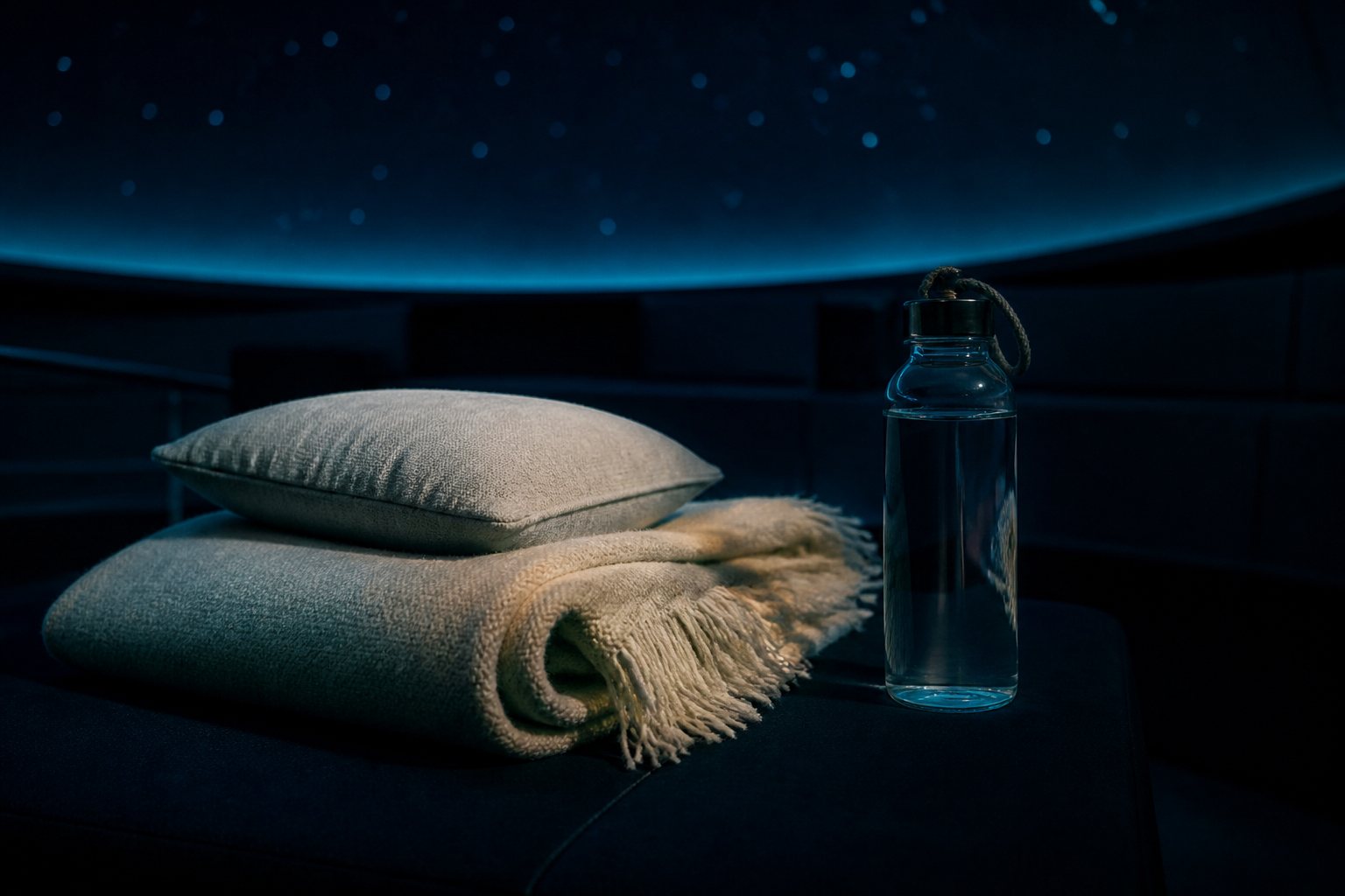 A blanket, pillow and water bottle waiting in the dim planetarium light